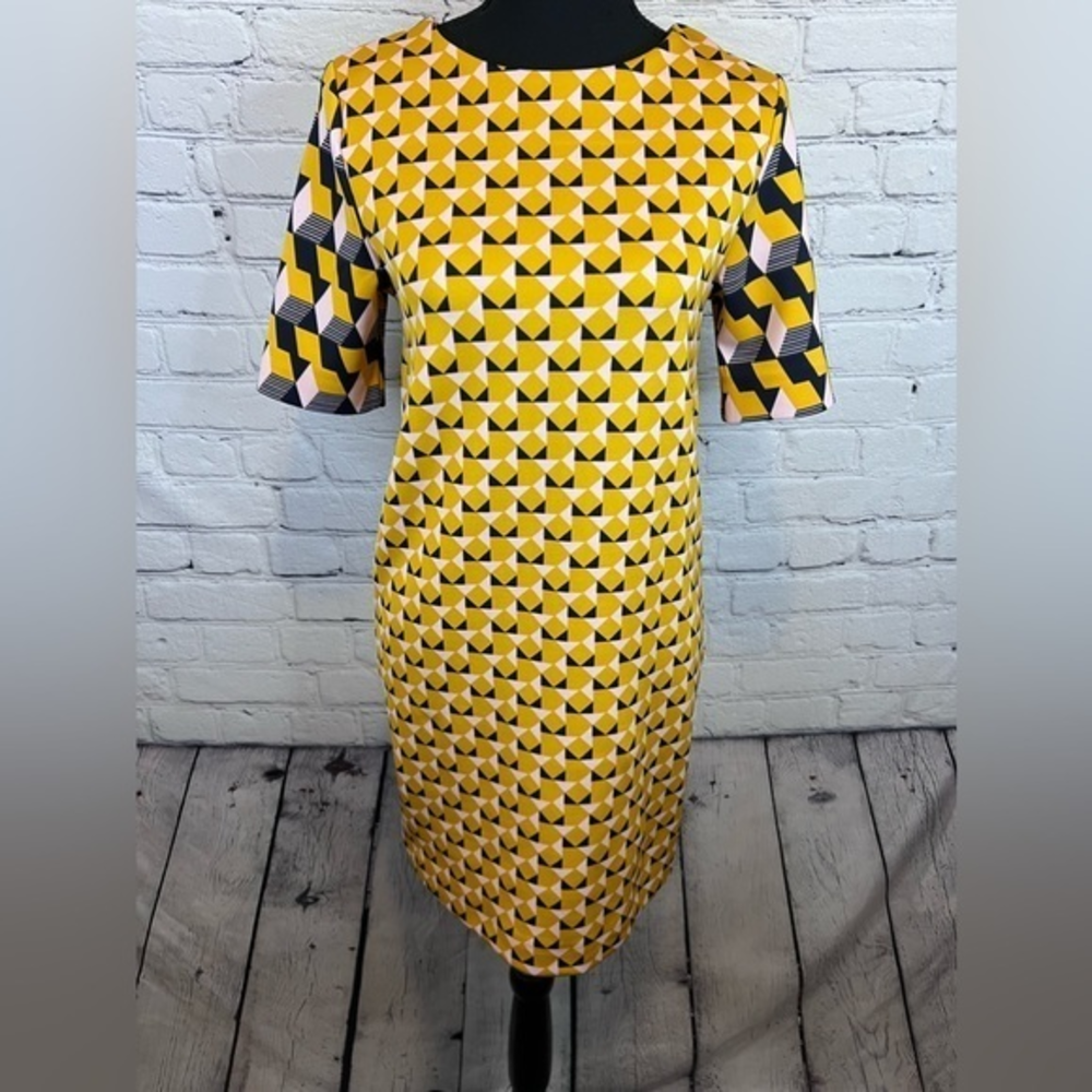 H&M Yellow Blue Pink Geometric pattern dress size‎ 2 Stretch Casual Retro